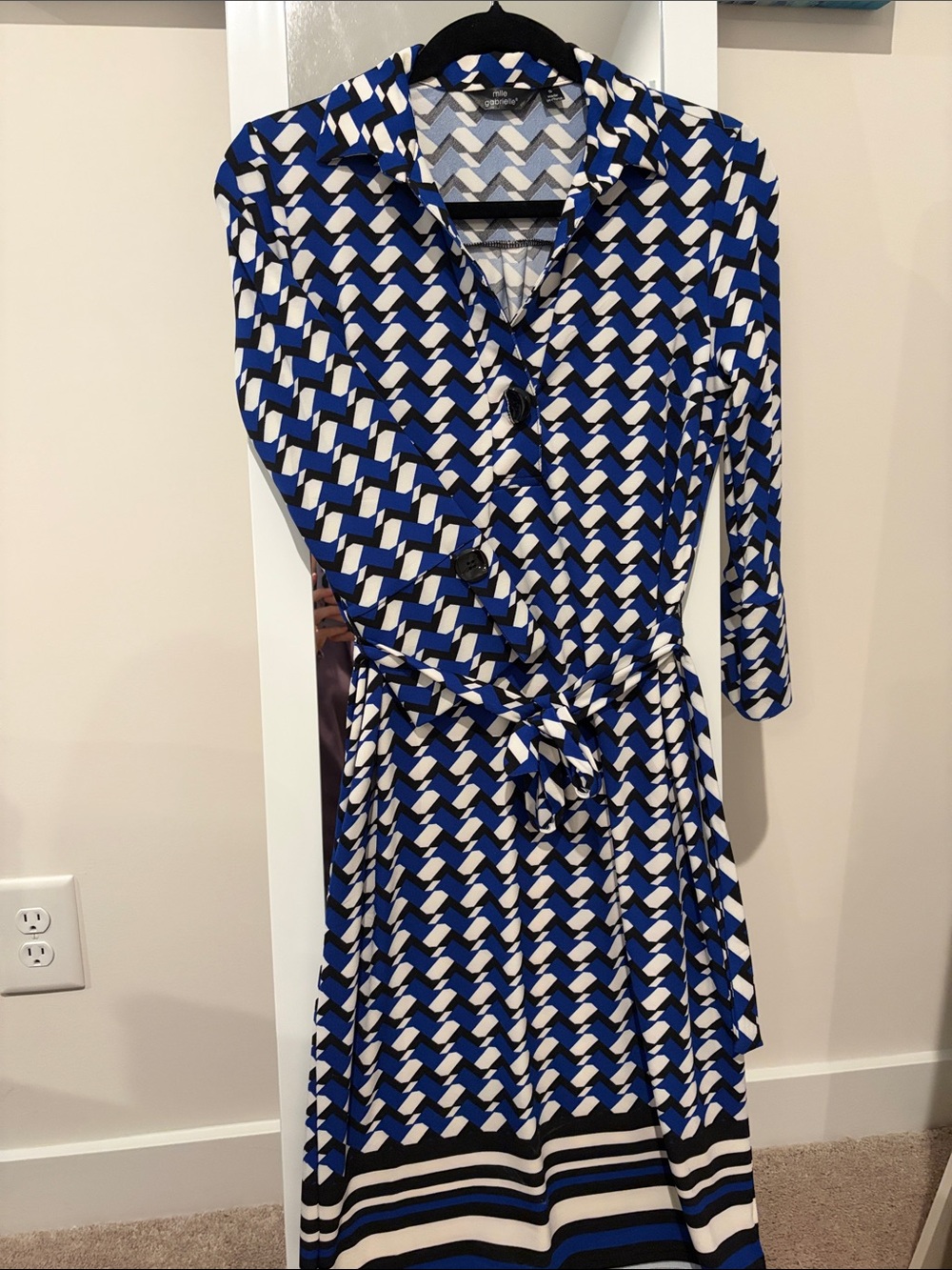 Mlle Gabrielle Blue, White & Black Geometric Wrap Dress with Tie